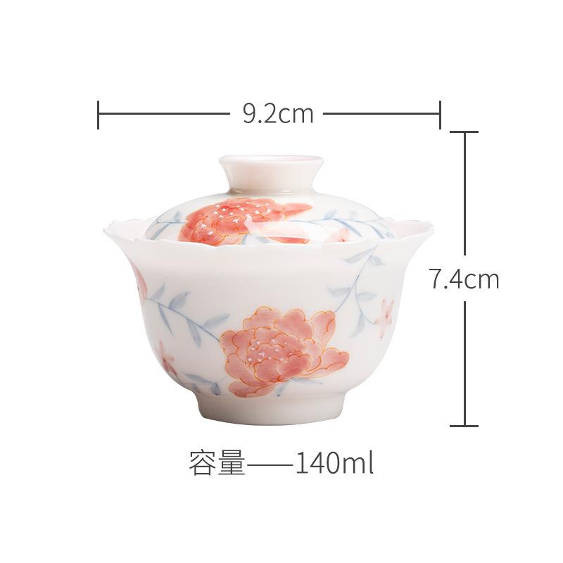

140ml Hand Drawn Peony Flower Flower Mouth Gaiwan Elegant Tea Tureen Tea Bowl With Lid Kit Tea Maker Cover Bowl Tableware Gift
