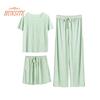 Dámské letní pyžamový set korejský temperament triko s ledovým hedvábným výstřihem do O se stahovací šňůrkou rovné široké nohavice tenké elastické pasové šortky 3ks/sada Domácí oblečení
