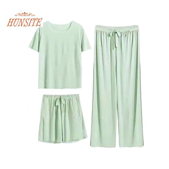 Dámské letní pyžamový set korejský temperament triko s ledovým hedvábným výstřihem do O se stahovací šňůrkou rovné široké nohavice tenké elastické pasové šortky 3ks/sada Domácí oblečení
