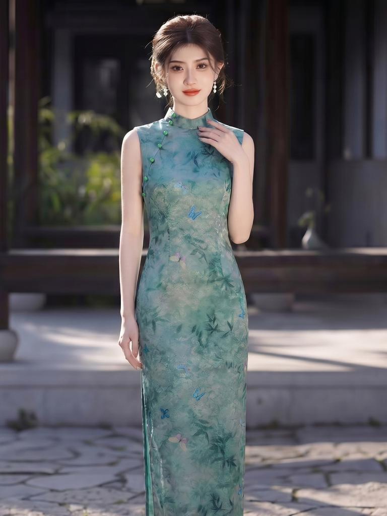New Chinese antique sleeveless temperament improved cheongsam 1011 new jacquard thin high-end beautiful green dress