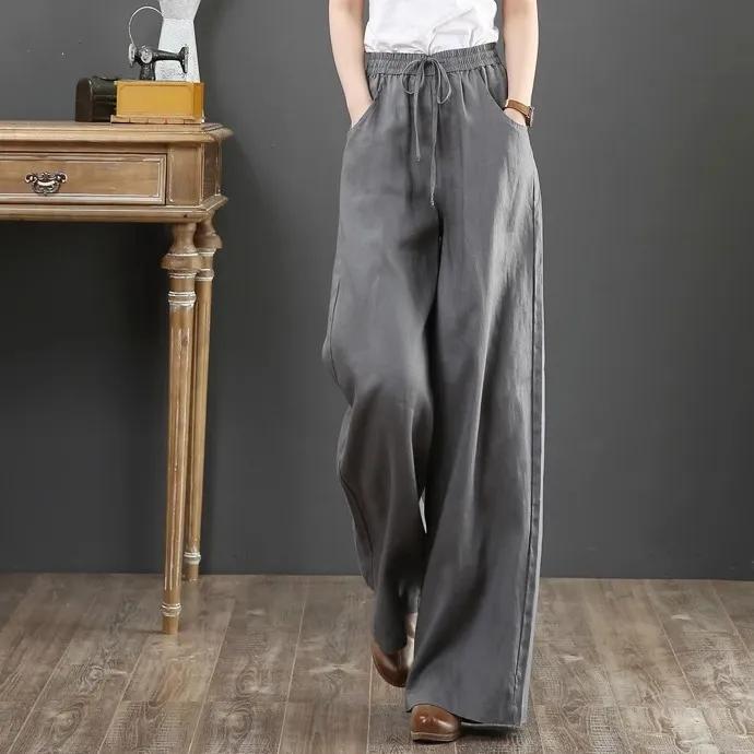 Pantalon ample en coton et lin pour femme, taille haute, coupe droite, printemps et été