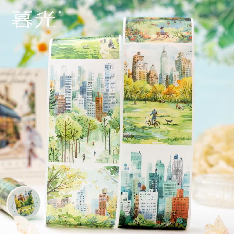 1 Roll 8*200cm Scene-Building Tape Stickers, Illustration-Style Cityscape with Houses & Figures for Scrapbooking