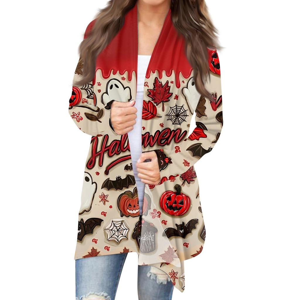 Women's Halloween Print Long Sleeve Front Cardigan Printed Top Lightweight Jacket
