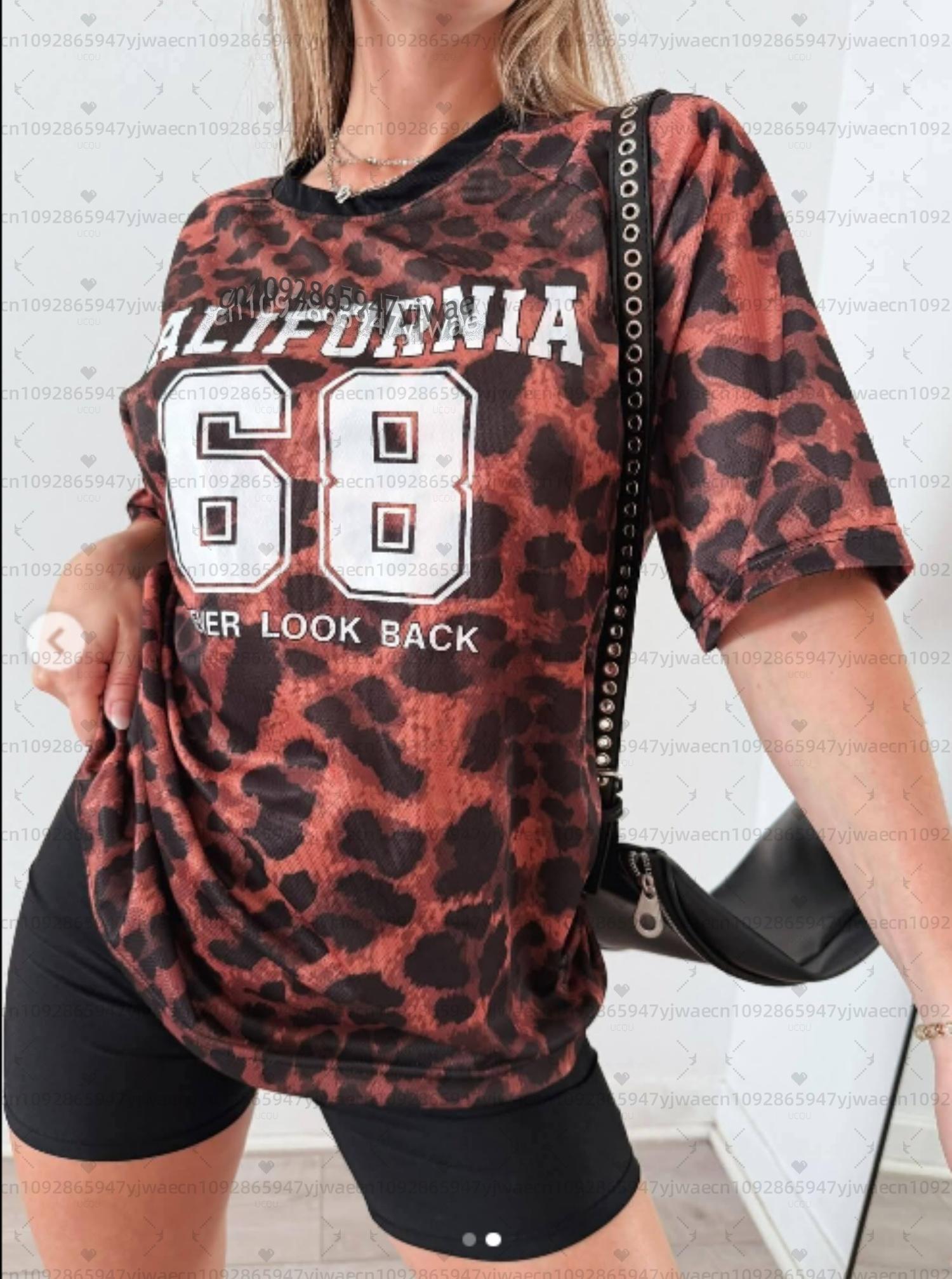 

Leopard print V-neck short-sleeved T-shirt, plus size baseball jersey, women s sporty surfing beach T-shirt 5XL