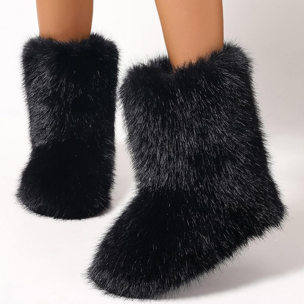 Women's Furry Faux Fur Boots Fuzzy Fluffy Mid Calf Snow Boots Winter Suede Warm Fur Lined Booties Flat Boots for Women Casual Ankle Booties Shoes