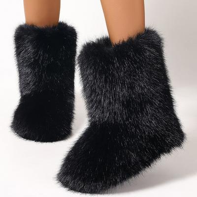 Damen Flauschige Kunstpelzstiefel Flauschig Fluffig Mittelhohe Schneestiefel Winter Wildleder Warm Gefüttert Stiefeletten Flache Stiefel für Damen Lässige Knöchel-Stiefeletten Schuhe