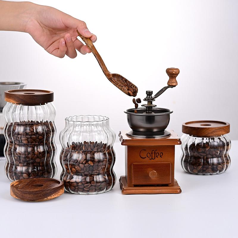 Kitchen High Borosilicate Glass Sealed jar Canister Glass Container Wood Lid Food Storage Jar Coffee Bean Wheaten Grain Oat Can