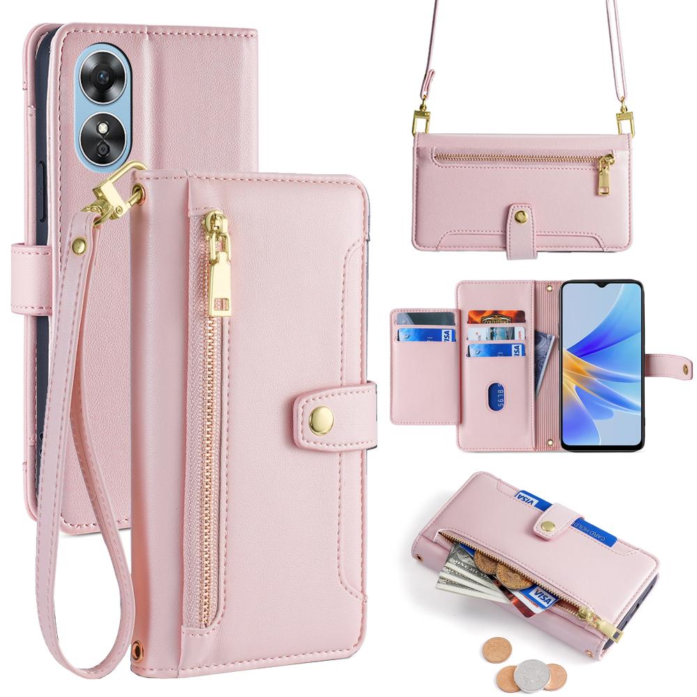 

For Oppo A17 4G Case Zipper Pocket Leather Mobile Phone Drop-proof Cover with 2 Straps E