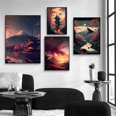 Retro Fantasy Japan Heimdorf Landschaft Poster und Drucke Leinwandgemälde See Sakura Wandkunst für das Wohnzimmer Heimdekor