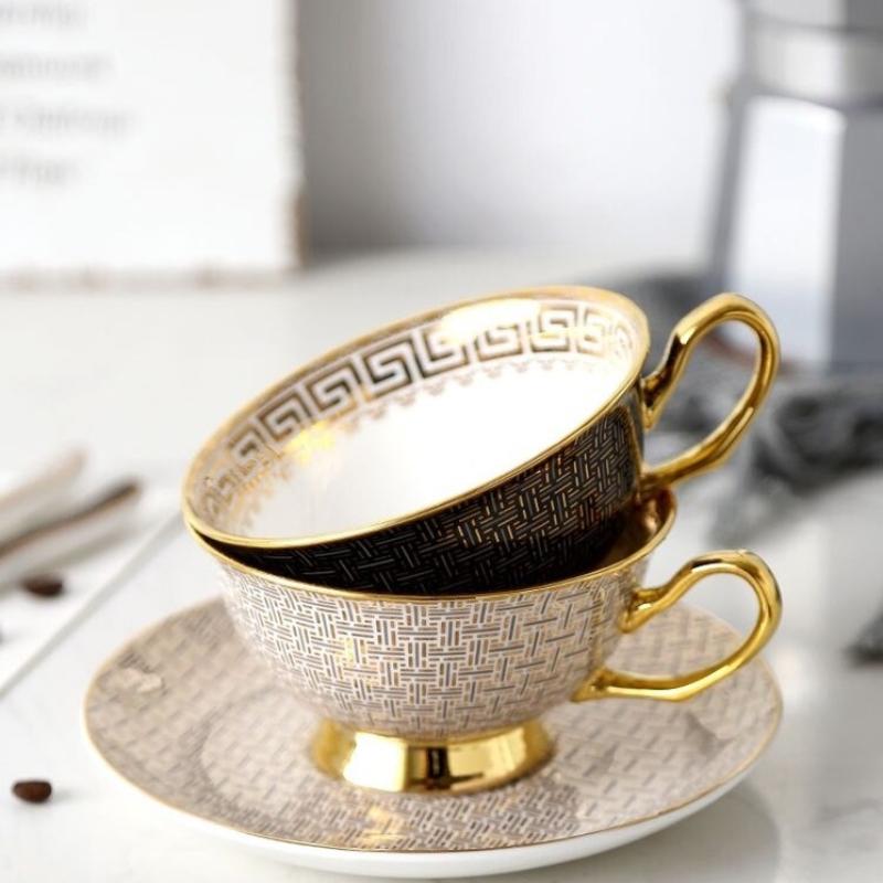 1 Set Light Luxury Bone China Coffee Cup and Saucer White/black Grid Tea Cup Gold Edge Inlay Tableware Gift