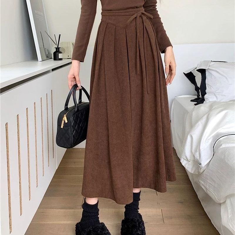 Corduroy Lace-up Skirt Women Spring Autumn New High-waist Solid Color Mid-length Large Umbrella Skirt