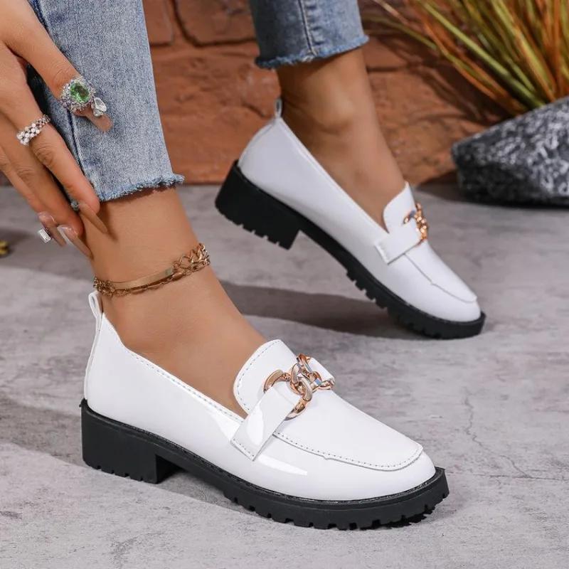 Women Sneakers British-style Small Leather Shoes 2025 New Thick-heeled Round-toe Shoes Thick Soles Versatile Spring Loafers