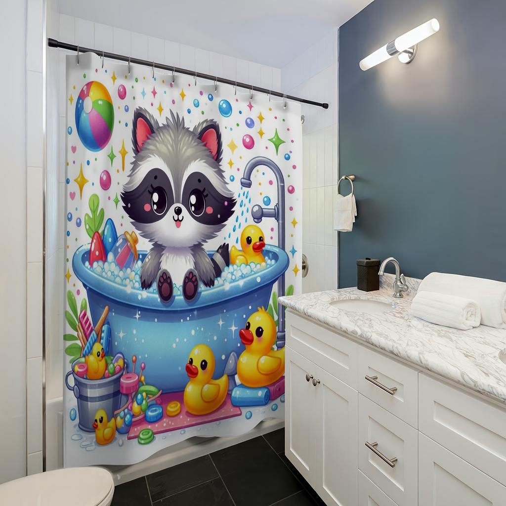 Small Raccoon Bathtub Cartoon Digital Print Shower Curtain -Machine Washable,Reversible Polyester,All-Season Bathroom/Home Decor