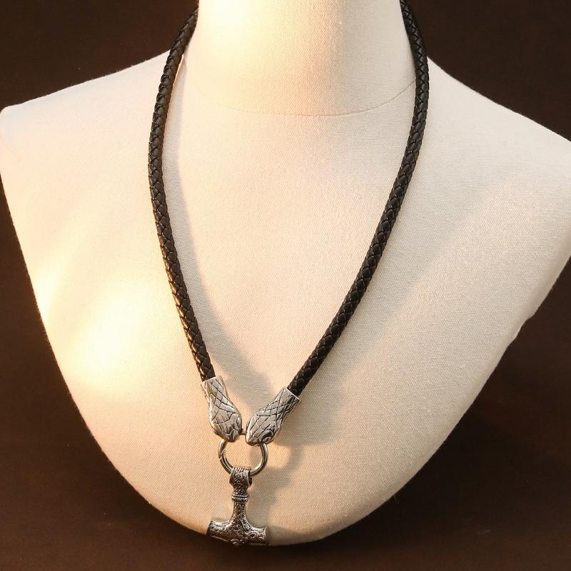 Thunder God Hammer Celtic Wolf Head Pendant Necklace Men's Woven Leather Necklace