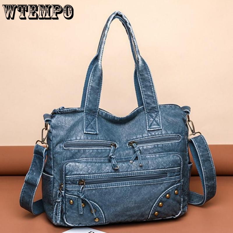 WTEMPO Retro sepraná kožená kabelka Módní Velkokapacitní vícekapsová Tote Bag Women