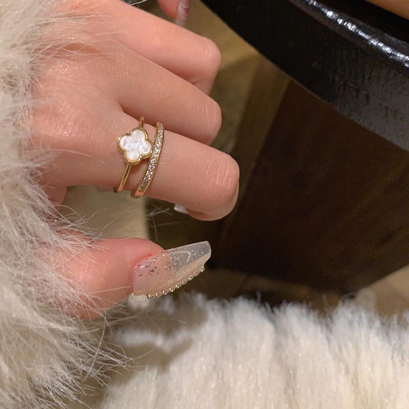 Elegant Four-Leaf Clover Double-Layer Ring for Women - Exquisite Light Luxury, Niche Design Jewelry Adjustable Open Size