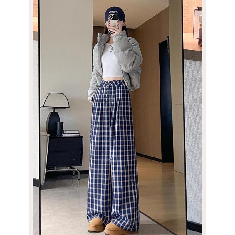 Women's Early Spring Blue Plaid Wide-Leg Floor-Length Pants