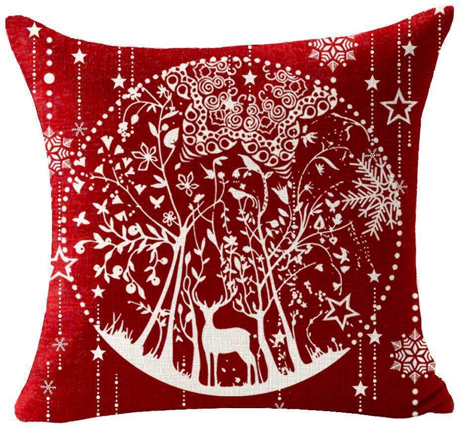 Red Plaid Sofa Linen Christmas Pillow Cover Reindeer Snowflake Home Cushion Cover