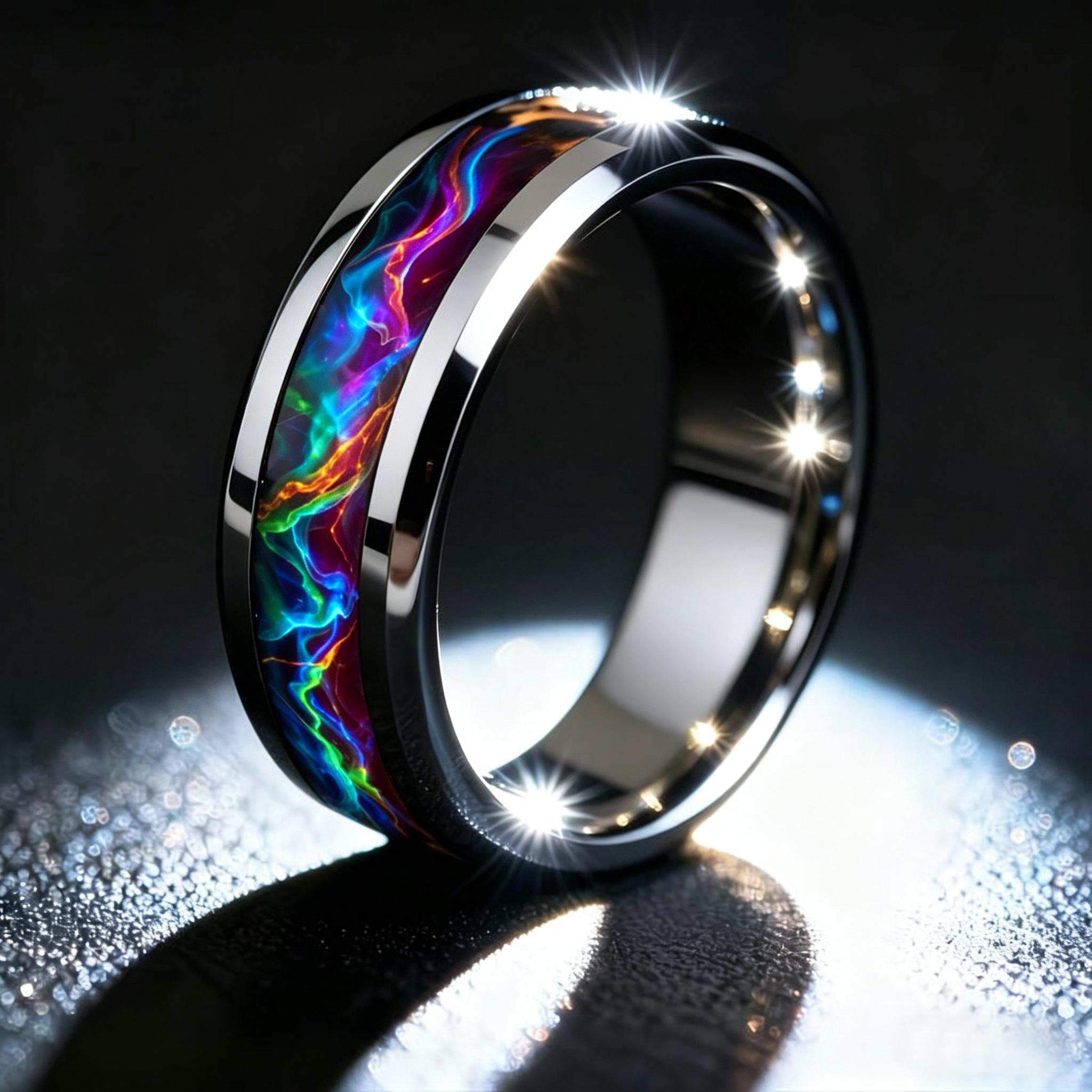 Neuer Mode Herren Bunter Aurora Galaxie Edelstahlring, Poliertes Schwarzes Band, Punk Biker Schmuck, Cooler Männlicher Fingerring 13