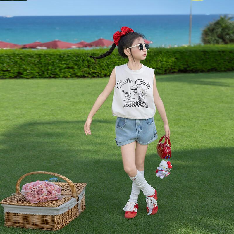 Girls Cat Letter Print Sleeveless T-shirt 140