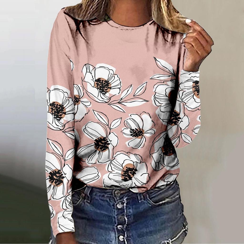 Spring and Autumn Round Neck 3D Flower Pattern Printed Top Fashionable Casual Long Sleeved Women's T-shirts