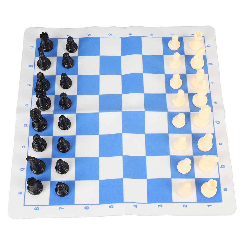 Chess Game Set Plastic 32 Chess Pieces Chessmen with 13.8 Inch PU Leather Blue White Chessboard for Home Travel