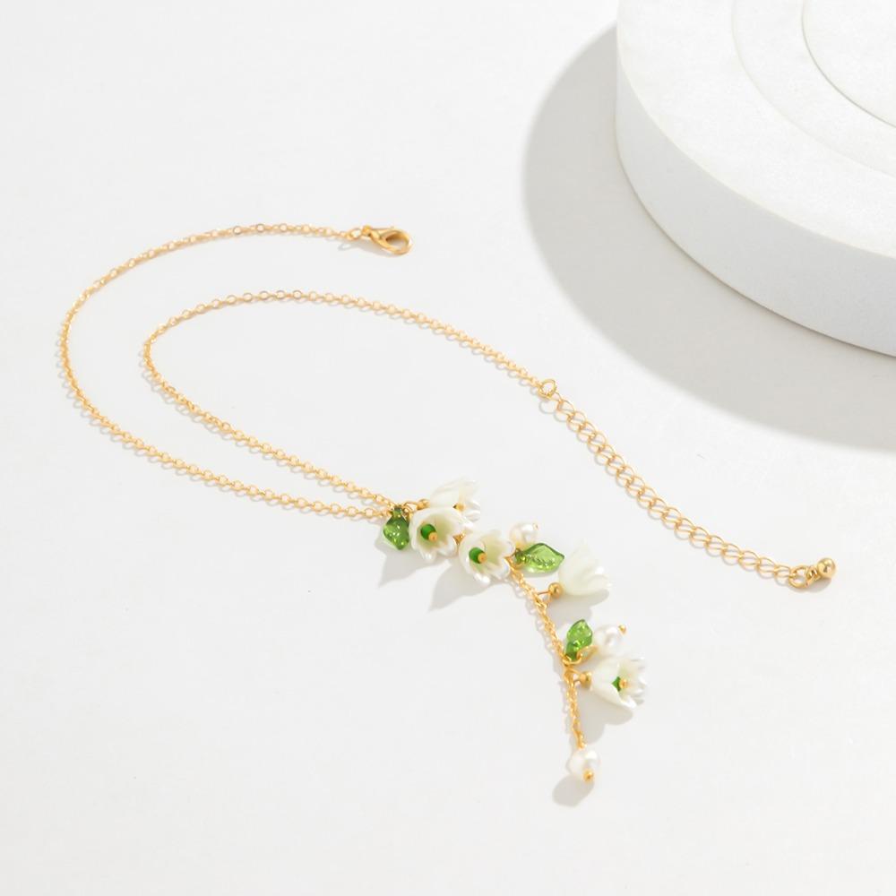 Pearl Flowers Jewelry Set Hand Chain May Bells Earrings Chic Lilies of The Valley Necklace  Women