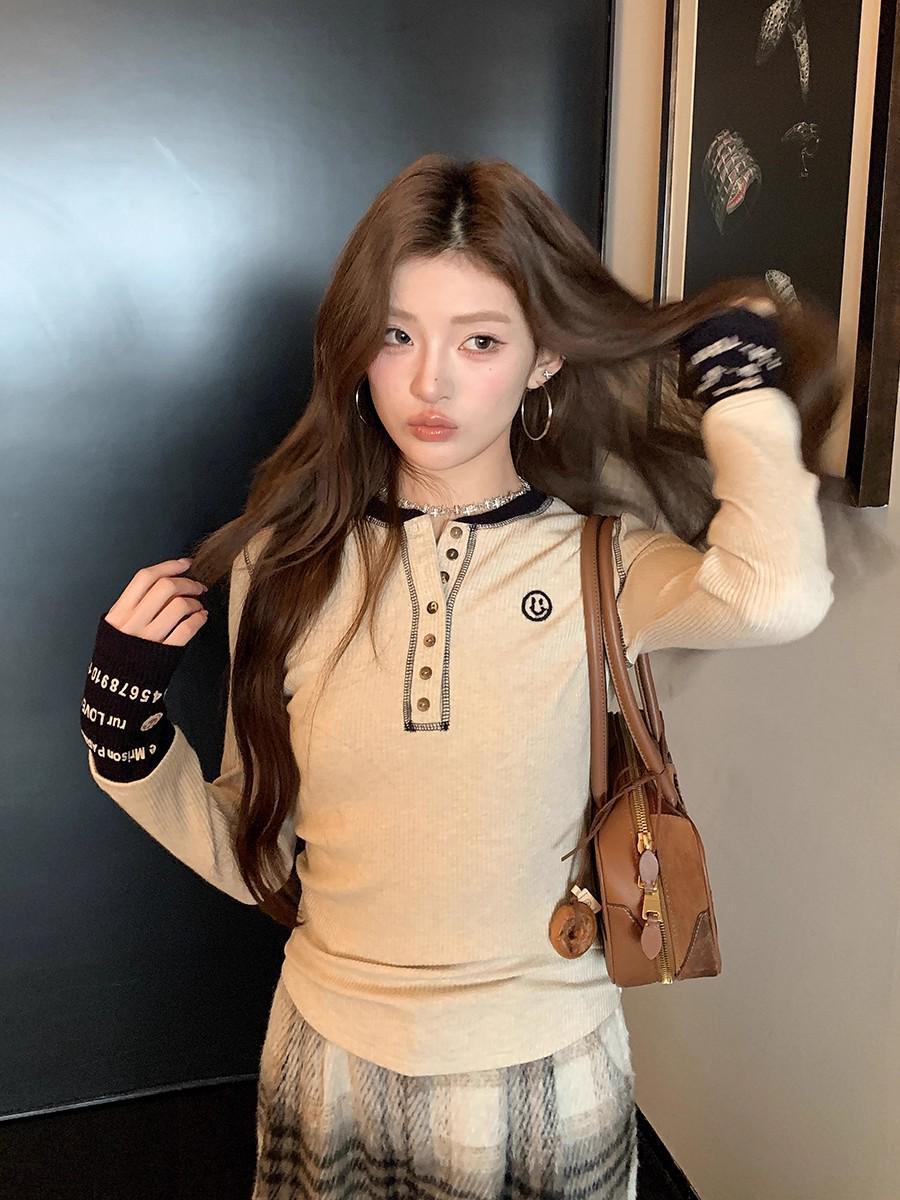 

2025 Autumn/Winter Women s Chic Color Block Smile Face Long Sleeve T-Shirt - Versatile and Trendy Base Layer Small абрикосовый