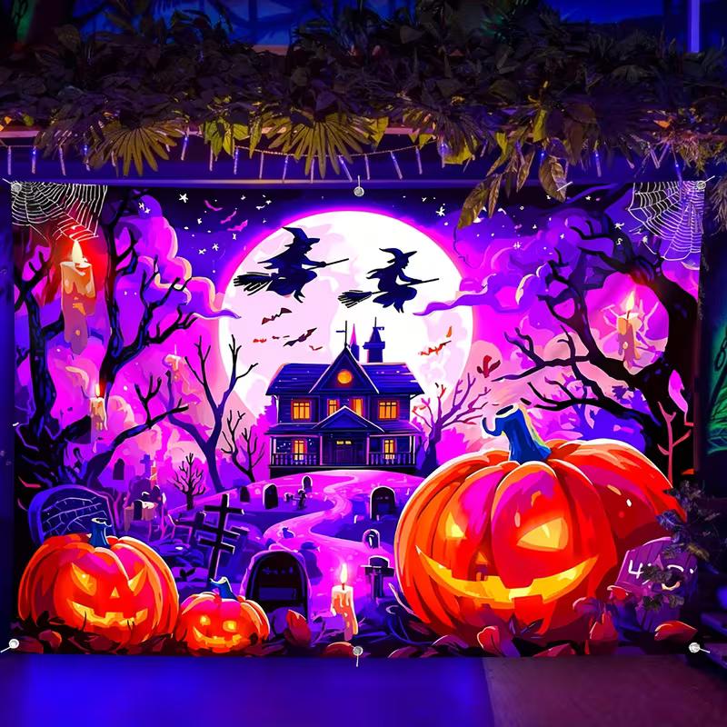 

2D Neon Halloween Tapestry, Witch & Jack-O-Lantern Wall Hanging Background Cloth 47.2x31.5inch/120*80cm