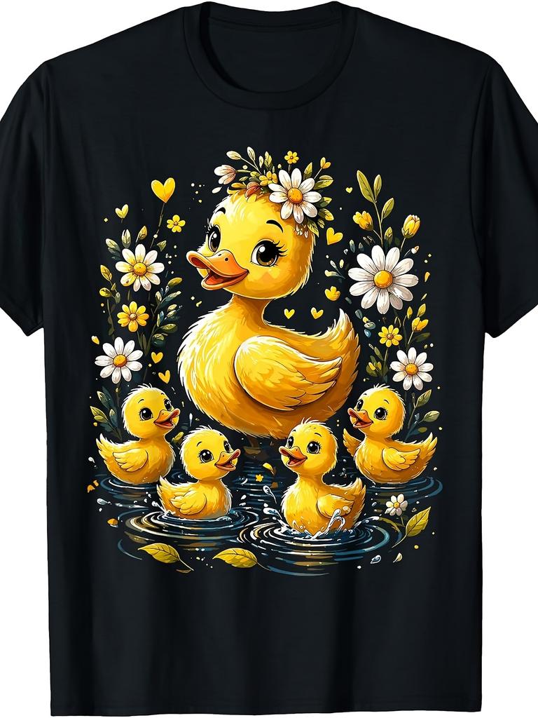 Unisex T-shirt Cute Cartoon Style, Men's And Women's T-Shirt, Yellow Duck Family with Flowers And Ducklings In Wate