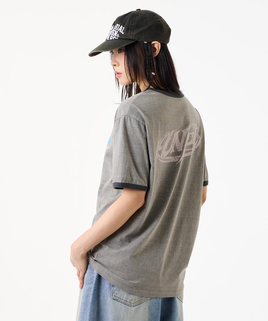UNKNOWN PLANET [Unp] Pigment-Dyed Graphic Ringer T-Shirt Gray