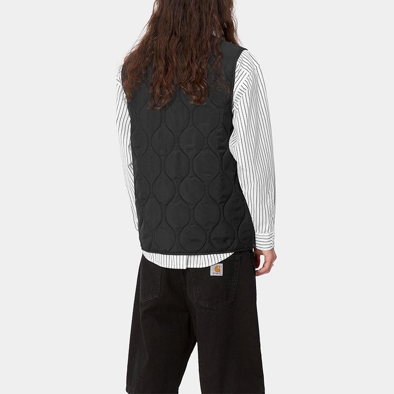Carhartt WIP SS24 Skyton Vesta Tkaný čtvercový štítek Zapínání na patentky Kulatý výstřih Vesta Pánské vesty Černá I032989-89-XX