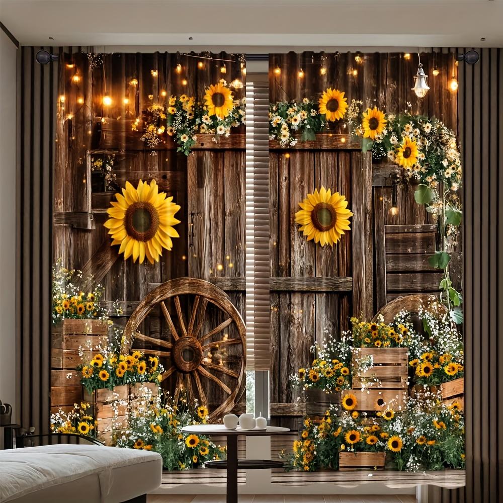 2Pcs Polyester Sunflower Barn Made Printing Window Curtains Birthday Party Decoration Backdrop Drapes for Living Room