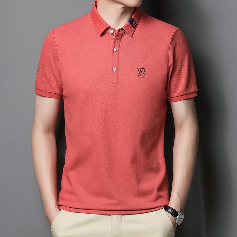 Camiseta de manga corta de algodón bordada para hombre, polo informal de negocios ligero y fino de verano, con solapa y corte entallado