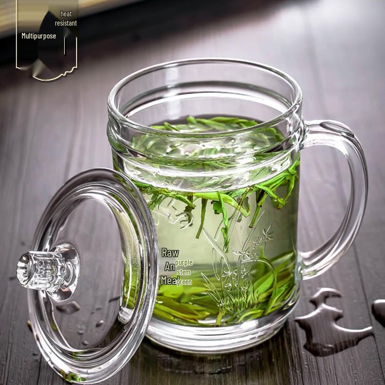 Large-Capacity, High-Temperature Resistant Glass Teacup with Handle and Lid for Men
