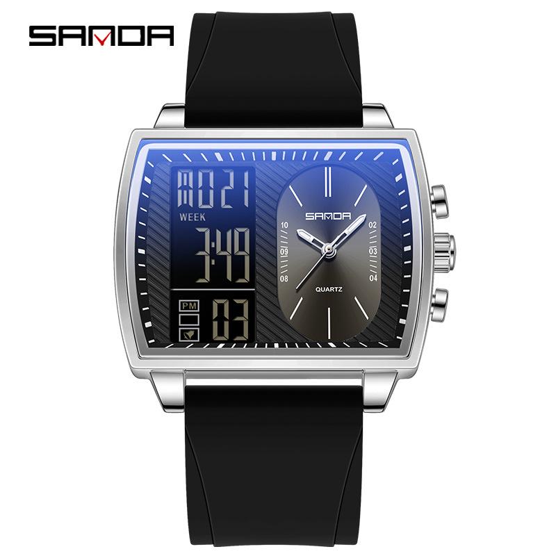 שעון ספורט רב-תכליתי עמיד למים לגברים מבית Sanda עם תצוגה כפולה מסוגננת.