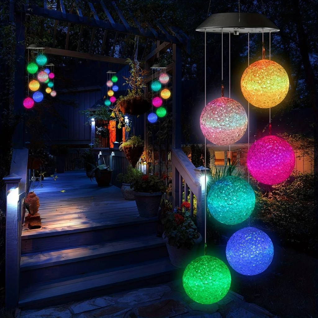 Solar-Powered Color Changing Crystal Ball Wind Chime, Portable Outdoor Light for Patio, Yard, Garden - Plastic Garden Light