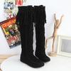 WISH Women's Boots Fringed High Boots Women's Shoes Lace-up Round Head Flat Heel Knee Length Single Boots Women's Shoes
