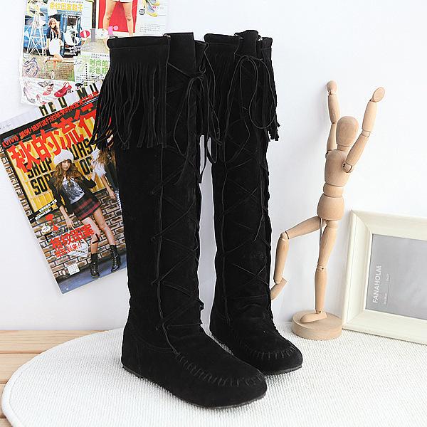 WISH Women's Boots Fringed High Boots Women's Shoes Lace-up Round Head Flat Heel Knee Length Single Boots Women's Shoes