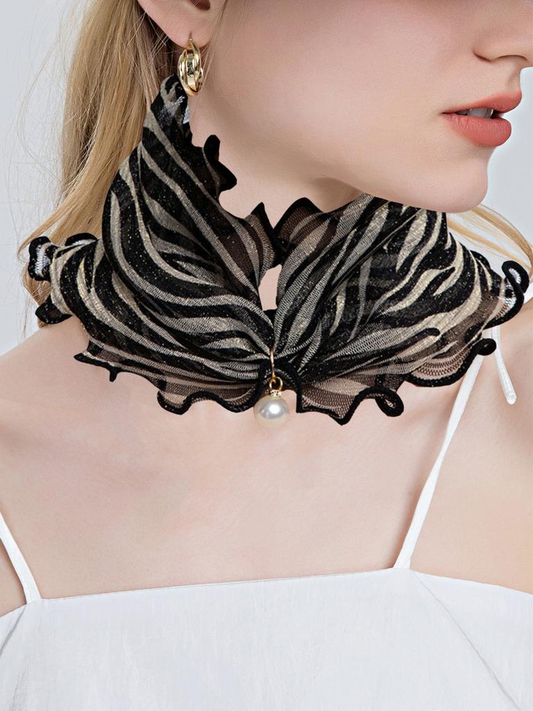 Women Gold Silk Ruffle Ring Scarf Fake Pearl Pendant Fashion Chiffon Neck Collar Thin Anti-UV  Neckerchief Hair Bandana Headban