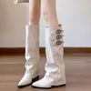 2026 Winter No Knee Long Pointed Pants with Belt Buckle and White Slope Heel Knight Boots