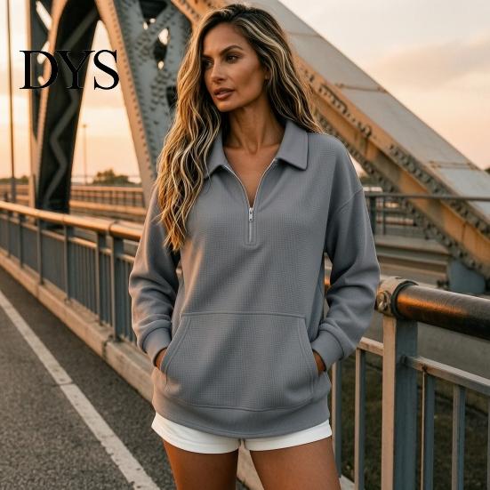 Casual Waffle Sweatshirt Women Half-zip Sweatshirt, Long Sleeve Pullover Top with Kangaroo Comfortable Pockets Pocket, Loose Fit Lapel for Fall Winter