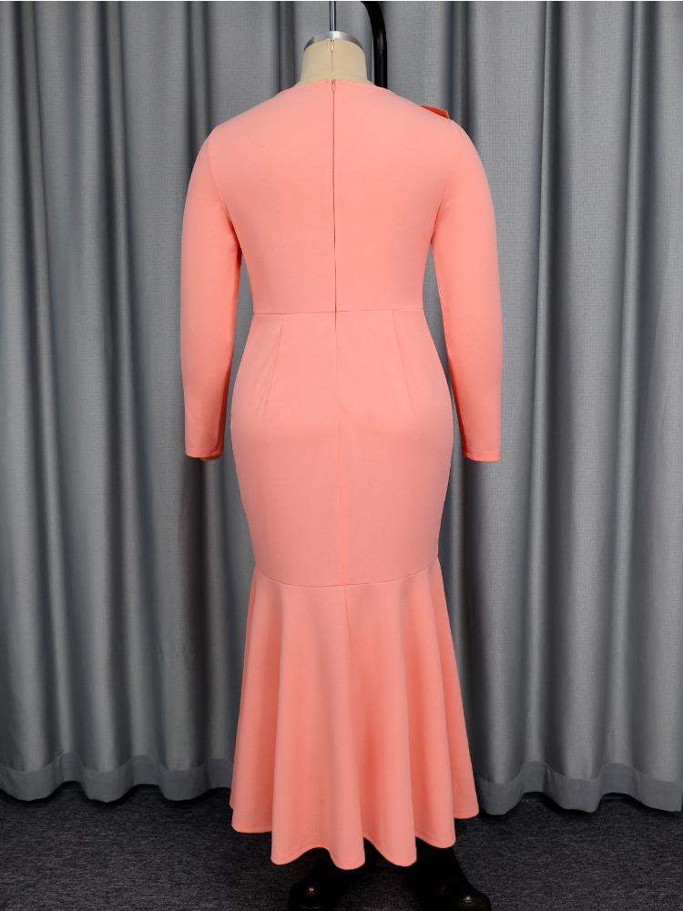 Elegant Pink Maxi Mermaid Dress with Long Sleeve Patchwork 3D Flower Bodycon Perfect for Cocktail Dinner Formal Party Gown