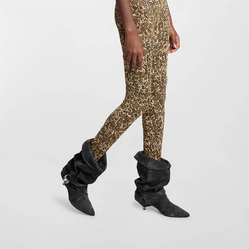 European and American Women's New Pointed Pleated 5cm Thin Heel Fringed Calf Boots, Knight Boots, Plus Size Mid Length Boots