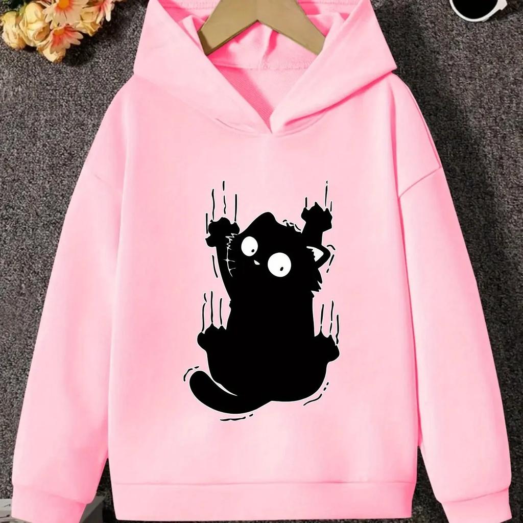 2026 Kids Cute Black Cat Hoodie Cartoon Graphic Print Kawaii Animal Pullover Sweatshirt Girls Boys Pink Casual Spring Autumn