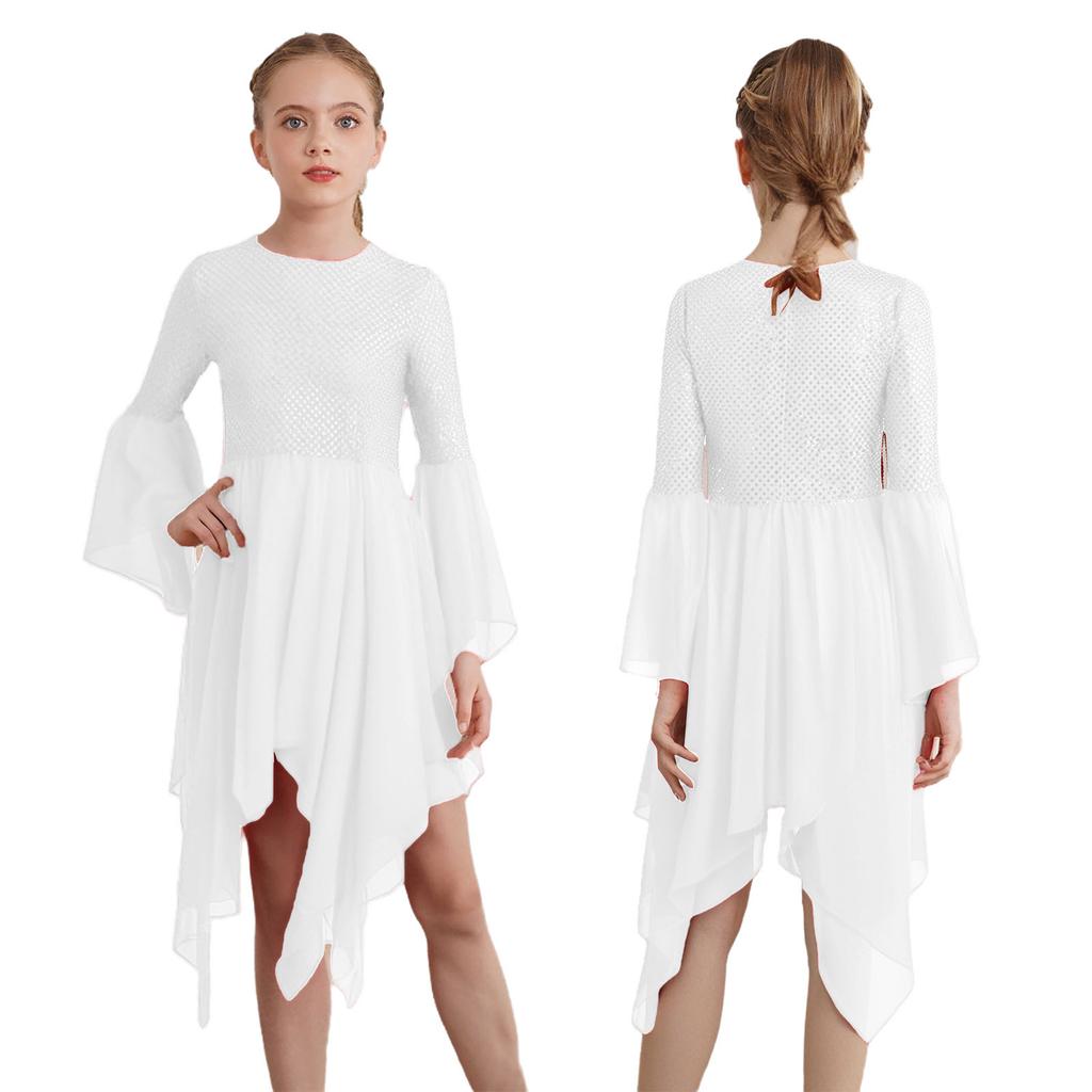 Girls Liturgical Dance Dress Shiny Sequins Patchwork Round Neck Flared Sleeve Asymmetrical Hem Performance Tunic