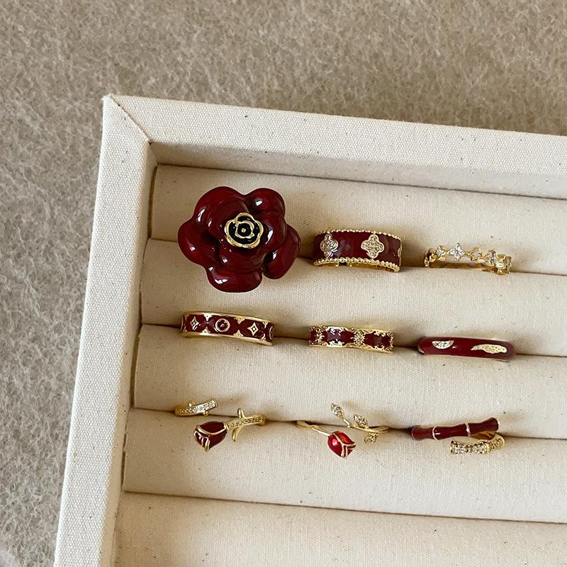 Ankara Red Dripping Oil Flower Opening Ring Female Niche Retro Light Luxury Elegant Fashion Versatile Ring Ring