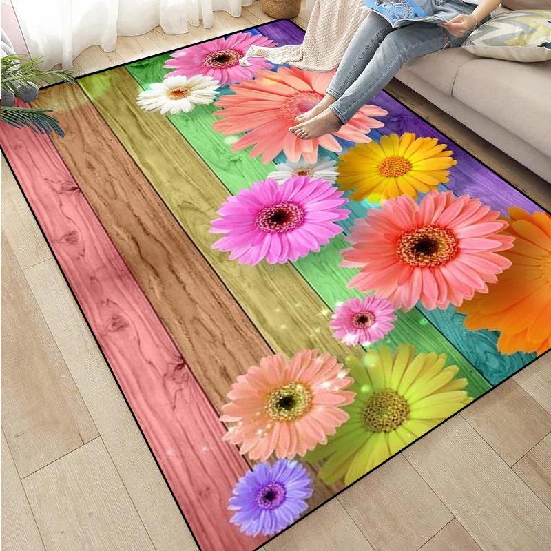 Rose Sunflower Daisy Peach Blossom Carpet Mat Colorful Flower Area Decorative Rugs for Room