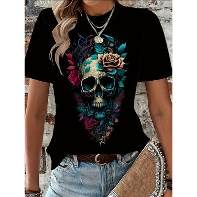 European Size Womens Casual Crew Neck T Shirt Floral Skull Print Polyester Spandex Blend Knit Fabric Regular Length All Season Top