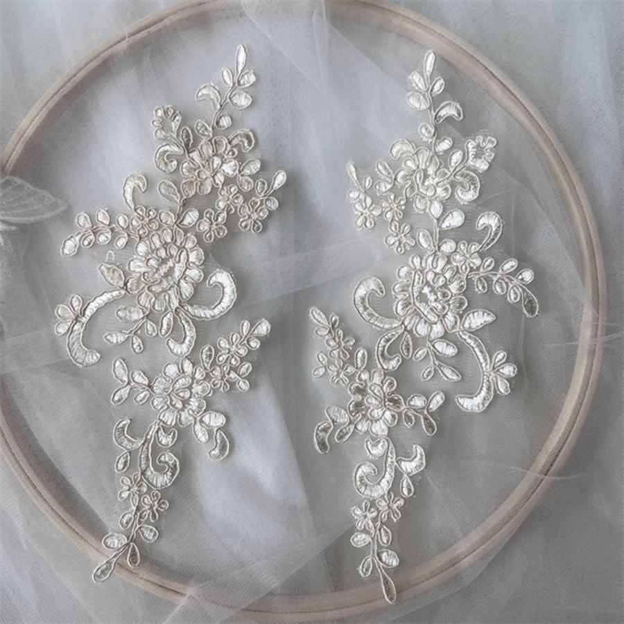 1 Pair Flower Sew On Lace Patches Embroidery Applique Repair For Wedding Dresses 23*10cm